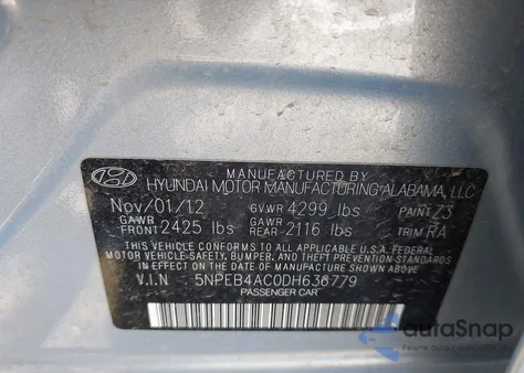 2013 Hyundai Sonata Gls z USA, uszkodzony, nr VIN 5NPEB4AC0DH636779